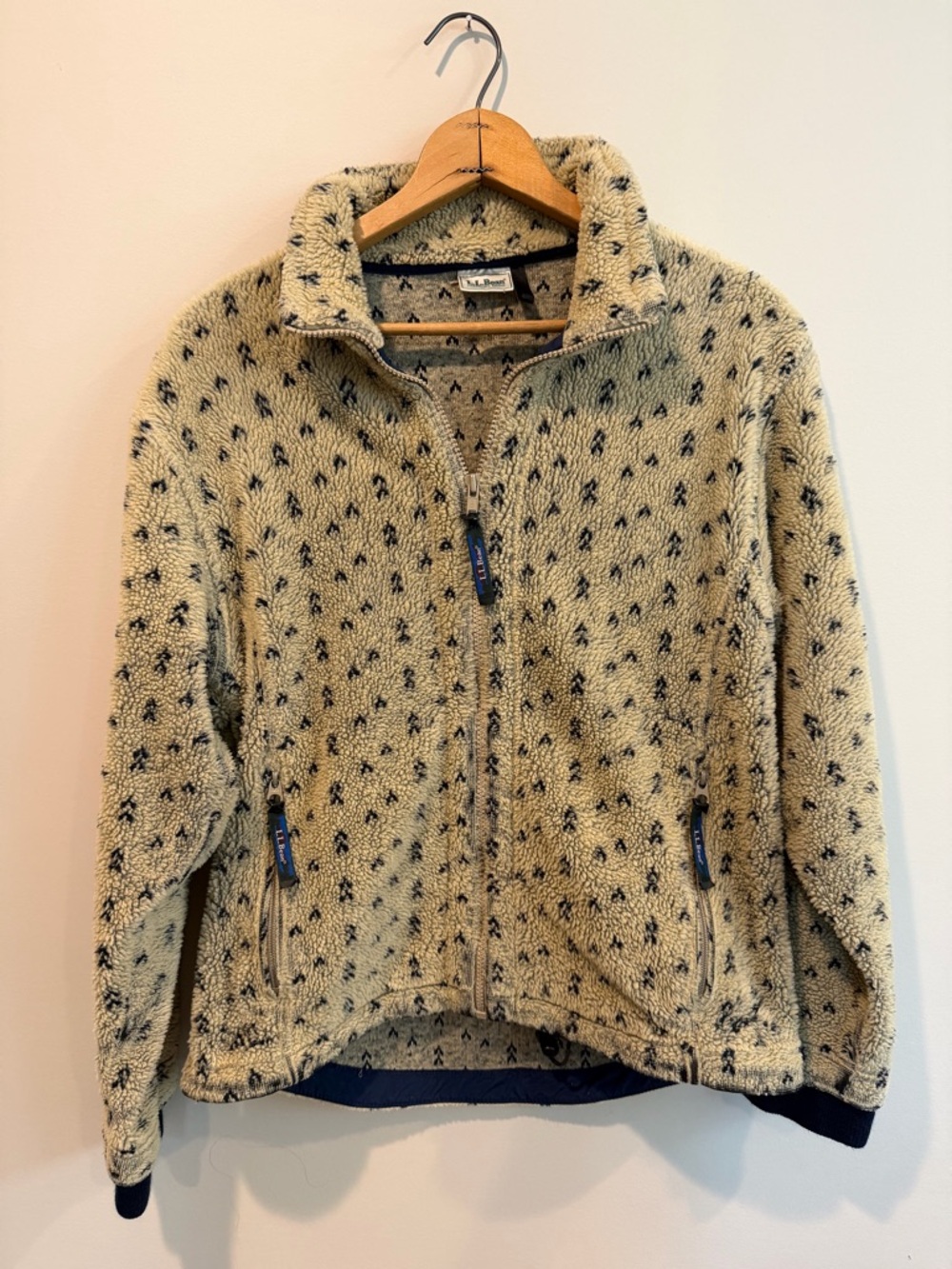 L.L. Bean Cream Fleece Jacket with Navy Accent Dots